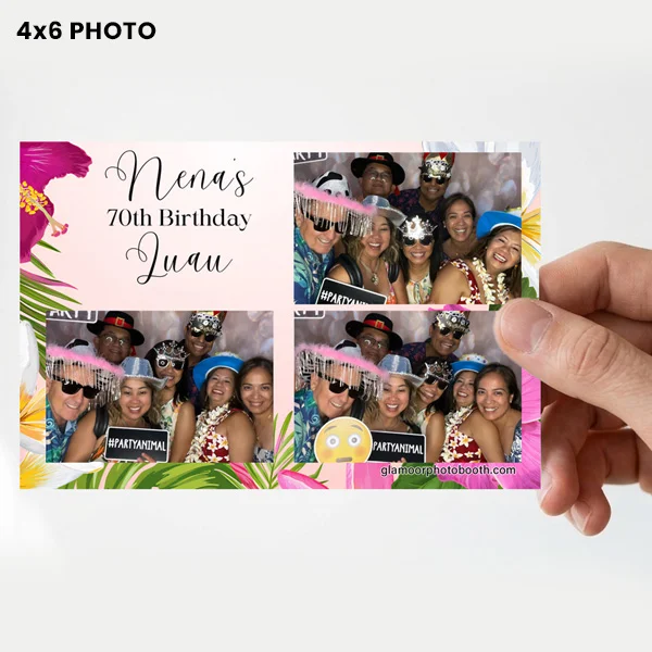 Hand holding a 4x6 photo printed with a DNP printer at a photo booth event, showing three images with a “Happy Birthday” pink Hawaiian background
