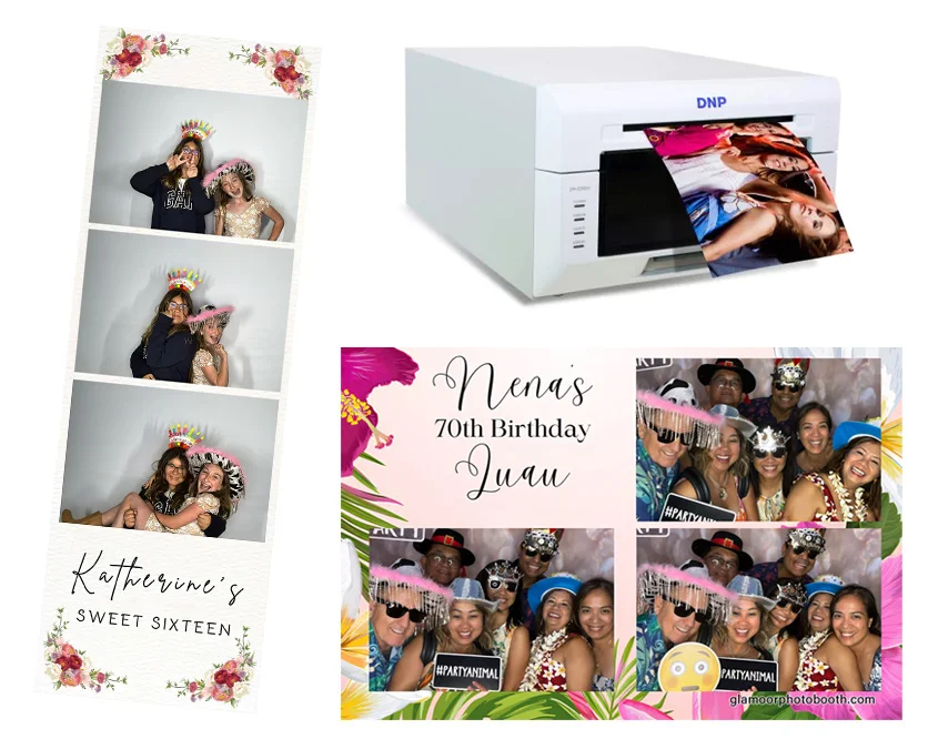 DNP photo printer printing a 4x6 photo, a 2x6 photo strip, and a large group family photo at a Hawaiian party, highlighting unlimited 2x6 and 4x6 photo prints in Carson California
