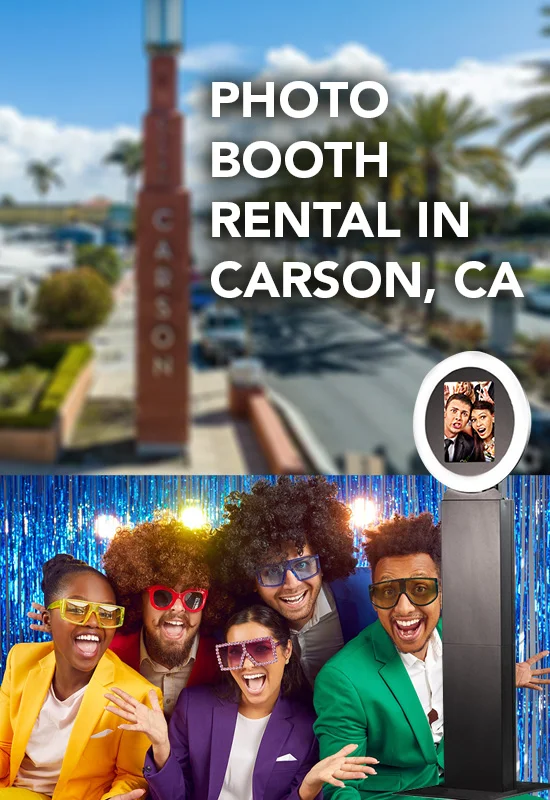 Group of friends having fun using a photo booth rental in Carson CA with oversized glasses and colorful outfits near Welcome to Carson sign